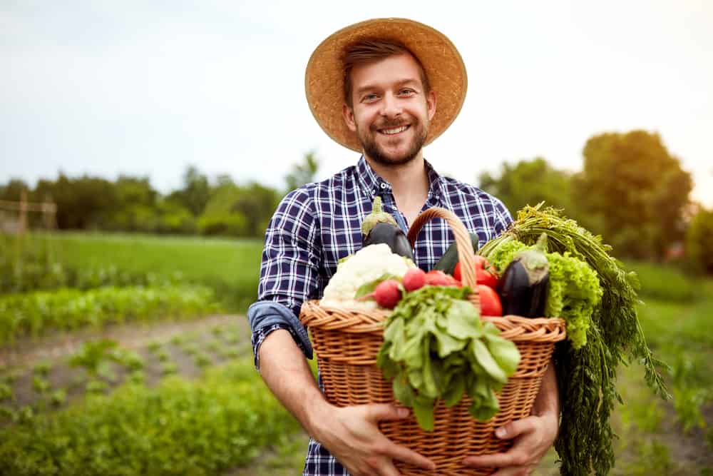 Nice young farmer with freshly picked vegetables in basket